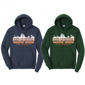 Blue and Green Hoodies with Haspin Acres tagline and off-roading design